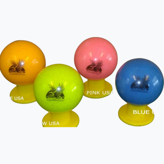 Park Golf Glitter Balls. Colors: Orange, Yellow, Pink, Blue